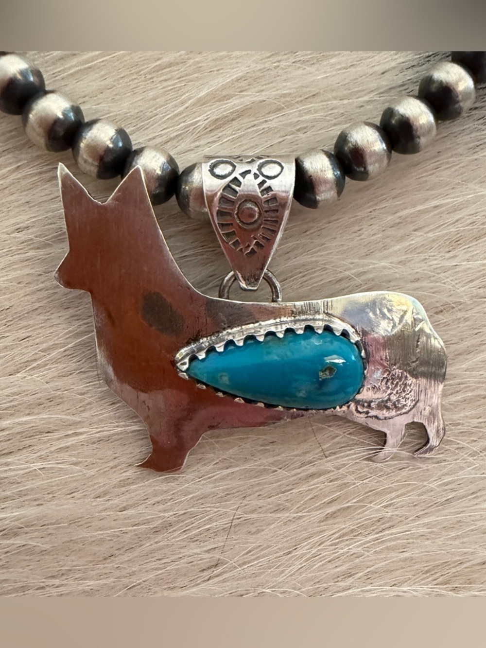 ❤️ Hand Stamped Western Style Corgi Dog Unisex Sterling Silver Pendant 1.36”W